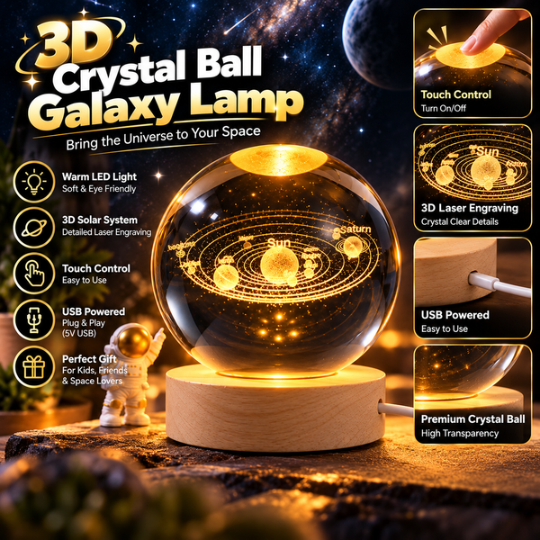 3D Galaxy Space Crystal Ball Night Light with Wooden LED Stand โ USB Decorative Table Lamp (Assorted Designs)