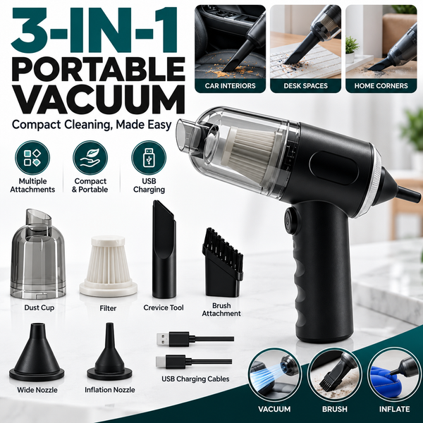 3-in-1 Portable Car Vacuum Cleaner — Multi-Function Handheld Car Vacuum with USB Charging & Multiple Cleaning Attachments | Compact Dust Cleaner for Car Interior, Seats & Hard-to-Reach Areas