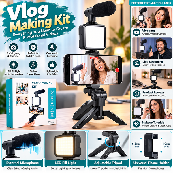 AY-49 Video Making Kit — All-in-One Vlogging Tripod with Wireless Remote, Microphone, LED Light & Mobile Holder