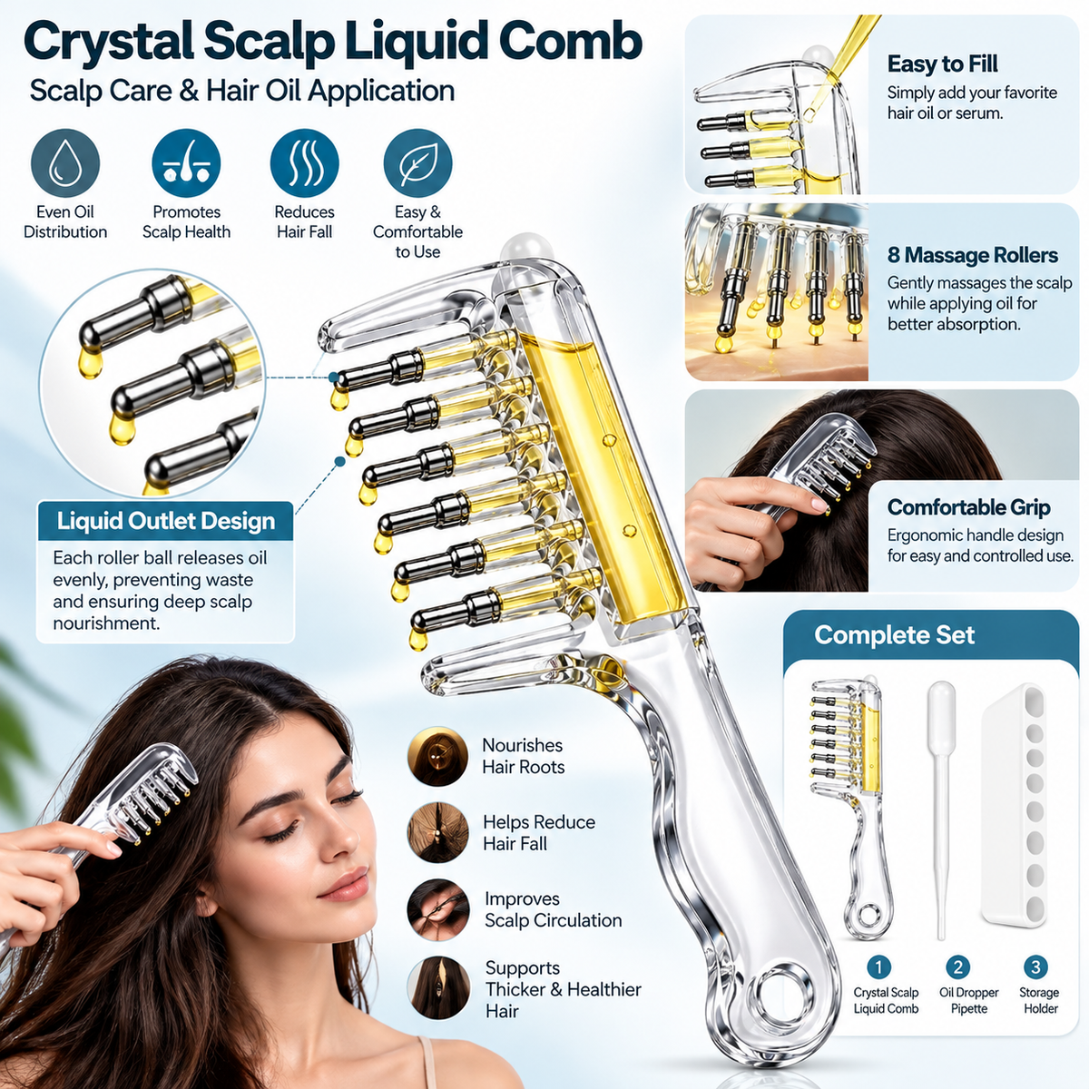 Hair Oil Applicator Comb — Refillable Scalp Massage Comb with Built-in Oil Reservoir | Leakproof Hair Serum Applicator | Unisex