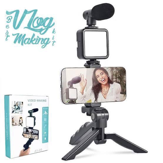 AY-49 Video Making Kit — All-in-One Vlogging Tripod with Wireless Remote, Microphone, LED Light & Mobile Holder