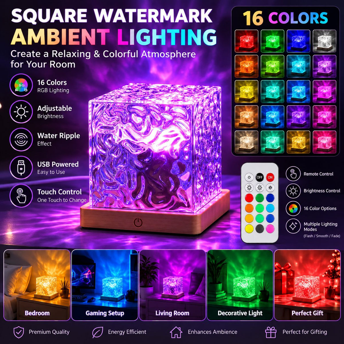 16-Colors Crystal Cube Ambient Light — RGB Water Ripple Lamp Projector with Remote Control | Dynamic Underwater Effect Mood Light for Bedroom & Living Room